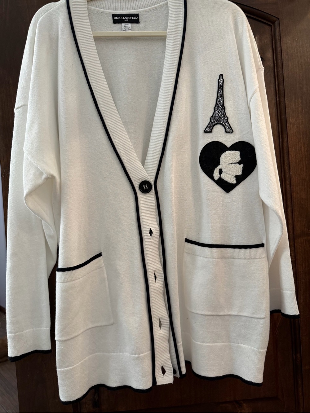 NWT size XL Karl Lagerfeld White Cardigan with Black Trim and Paris Patch